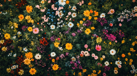 An overhead shot of wildflowers in a meadow with a mix of vibrant colors.の素材
