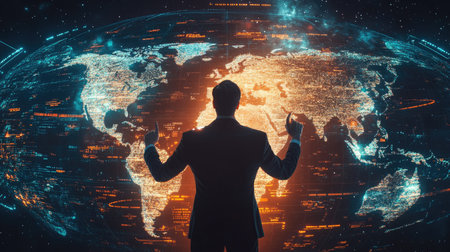 Businessman presenting futuristic business world metaverse graphic. In the form of innovation in digital business processing technology, innovation of the 21st century -の素材