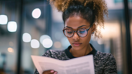 Businesswoman reading a document, deep in thought in a modern office.の素材