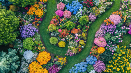 An aerial view of a colorful flower garden with neatly arranged flower beds.の素材