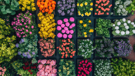 An aerial view of a colorful flower garden with neatly arranged flower beds.の素材