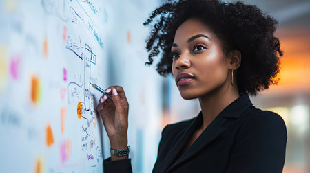 Businesswoman standing in front of a whiteboard, explaining a strategy.の素材