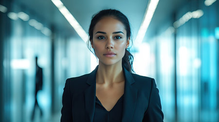 Businesswoman walking through a corporate hallway with a determined look.の素材