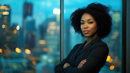 Businesswoman standing in front of a cityscape window, confident and poised. -の素材