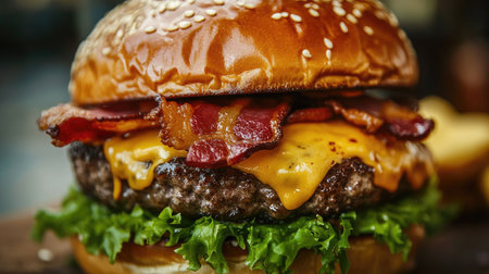 Close-up of a gourmet cheeseburger with melted cheese, crispy bacon, and fresh lettuce.の素材