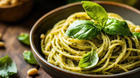 Close-up of a bowl of pesto pasta with fresh basil and pine nuts.の素材