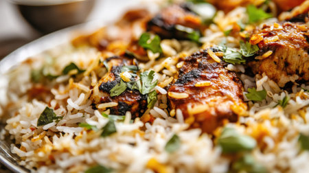 Close-up of a plate of biryani with fragrant rice, herbs, and spices.の素材