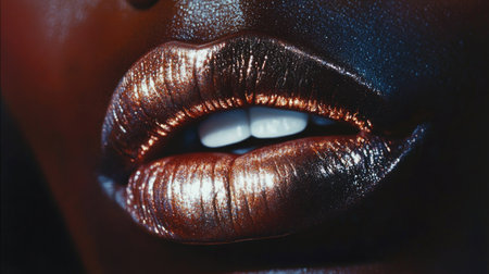 Close-up of a woman's lips with metallic lipstick, reflecting light for a dramatic effect.の素材