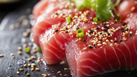 Close-up of a piece of tuna sashimi garnished with sesame seeds and wasabi.の素材