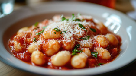 Close-up of a plate of gnocchi with a rich tomato sauce and grated parmesan.の素材