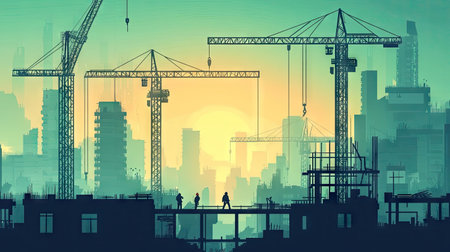 Engineer workers on background of construction cranes on background.の素材