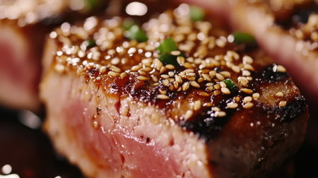 Close-up of a beautifully seared tuna steak with a sesame crust and soy glaze.の素材