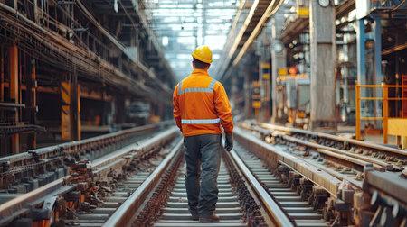 railway worker or engineer who maintains a railway track inspects the switchgear construction process and inspects work at the railway station.の素材
