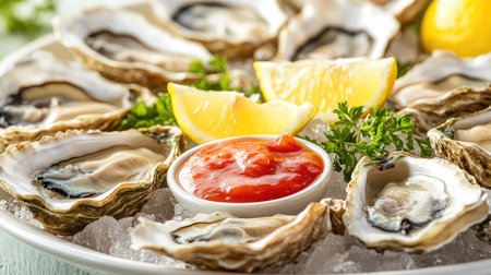 Close-up of a platter of fresh oysters on ice with lemon wedges and cocktail sauce.の素材