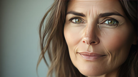 Close-up of a 50-year-old woman with a gentle expression and soft, glowing skin.の素材