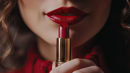 Close-up of a woman holding a lipstick tube, showing the brand logo and color.の素材