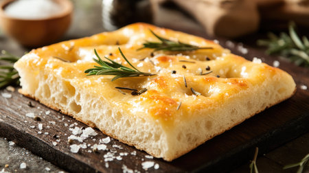Close-up of a piece of focaccia bread with rosemary and sea salt. -の素材