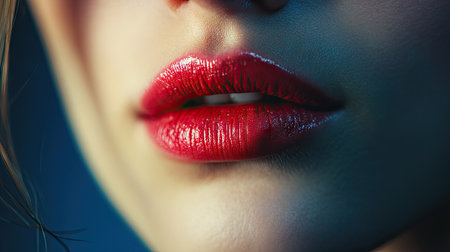 Close-up of a woman gently pressing her lips together to blend the lipstick.の素材