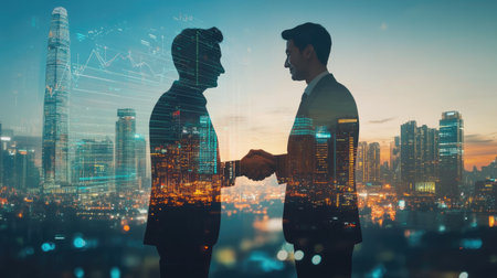 Double exposure of financial chart on cityscape background with two businessmen handshake. Concept of financial analysis and investment opportunitiesの素材