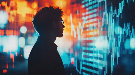 Double exposure businessman and stock market or forex graph suitable for financial investment concept. Economy trends background for business idea and all art work design. Abstract finance background.の素材