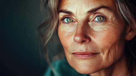 Portrait of a 50-year-old woman with a healthy complexion and twinkling eyes.の素材