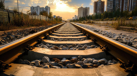 perspective of railway track forward to building in cityの素材