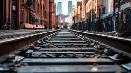 perspective of railway track forward to building in cityの素材