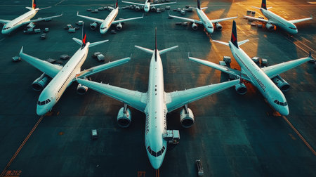 Commercial airplane parking at the airport are stopped effect by covid-19 pandemic around the world economic down crisis, Airplanes are parking at maintenance area because of COVID-19 travel alertの素材