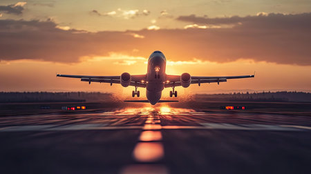 jet plane flying take off from runway on sunsetの素材