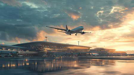 plane flying and airport terminal buildingの素材