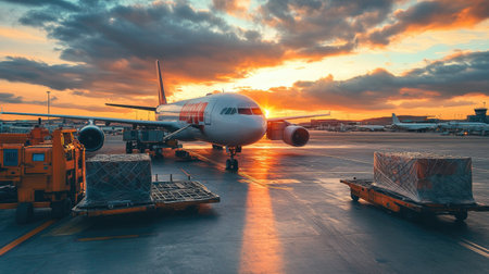 Preparation for next flight of airplane in airport. Fueling and loading cargo on the plane in airport terminal -の素材