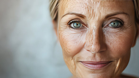 Portrait of a 50-year-old woman with a healthy complexion and twinkling eyes.の素材