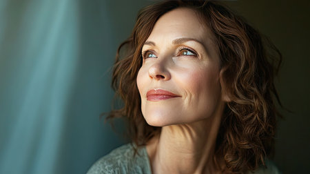 Portrait of a 50-year-old woman with glowing skin and minimal makeup.の素材