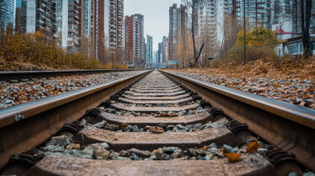 perspective of railway track forward to building in cityの素材