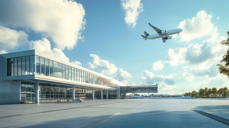 plane flying and airport terminal buildingの素材