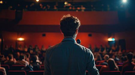 Male Asking a Question to a Speaker During a Q and A Session at an International Tech Conference in a Dark Crowded Auditorium. Young Specialist Expressing an Opinion During a Global Business Summit.の素材