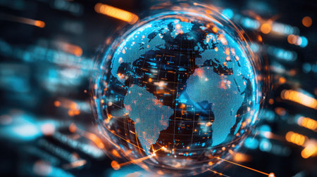 Rotating 3D globe with data points, representing international business expansion.の素材