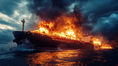 Large general cargo ship for logistic import export goods and other the explosion and had a lot of fire and smoke at sea in evening -の素材