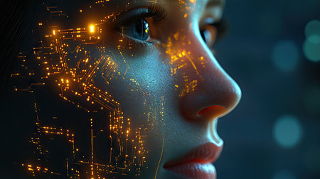 Human face with glowing AI circuitry in a 3D digital transformation illustration. Futuristic concept of artificial intelligence merging with humanity.の素材