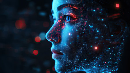 Human face with embedded AI technology in a 3D digital transformation render. Concept of artificial intelligence becoming part of human consciousness.の素材