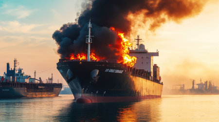 Large general cargo ship for logistic import export goods and other the explosion and had a lot of fire and smoke while moored at harbor in afternoonの素材