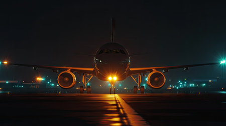 passenger plane on the platform at night, lights, front view -の素材