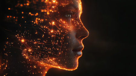 Human face with glowing AI circuitry in a 3D digital transformation illustration. Futuristic concept of artificial intelligence merging with humanity.の素材