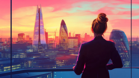 Successful businesswoman in the city. Business concept illustration with City of London views -の素材