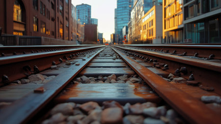 perspective of railway track forward to building in cityの素材