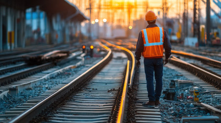 railway worker or engineer who maintains a railway track inspects the switchgear construction process and inspects work at the railway station.の素材