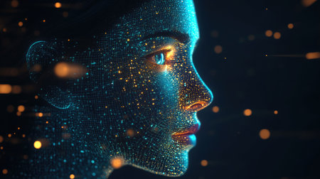 Human face merging with AI technology in a 3D digital transformation illustration. Concept of artificial intelligence as an integral part of human identity.の素材