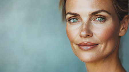 Portrait of a 50-year-old woman with glowing skin and minimal makeup.の素材