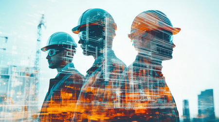 team engineer building construction project with architect people or construction worker working with modern civil equipment technology, double exposure graphic design. Building engineer,の素材