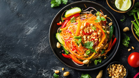 Top view of a colorful papaya salad (Som Tum) with fresh vegetables and peanuts.の素材